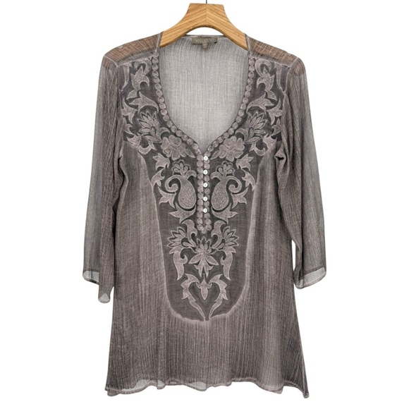 YAUVAN Sheer Gauze Embroidered 3/4 Sleeve Henley Cover Up Tunic Top in Taupe S - Picture 1 of 10